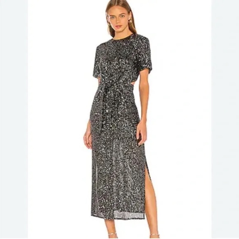 C/MEO Collective Lustre Black Sequin Cut Out Midi Dress Medium
